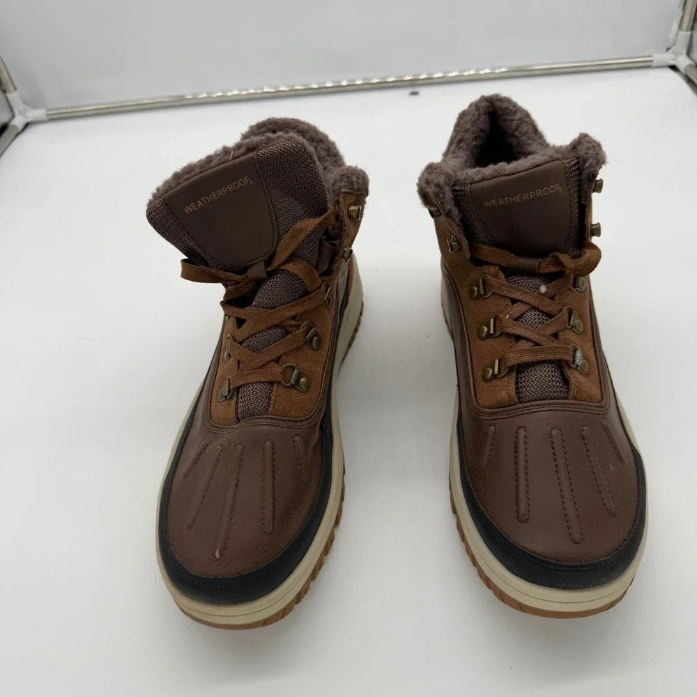 Weatherproof Landon Mens Brown Leather Faux Fur Lined Winter Duck Boots Size 12M